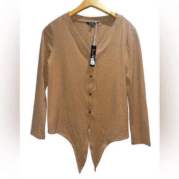 VELVET HEART Women's Camel Ribbed Tie Front V-Neck Long Sleeve Knit Top Sz S - Picture 2 of 6